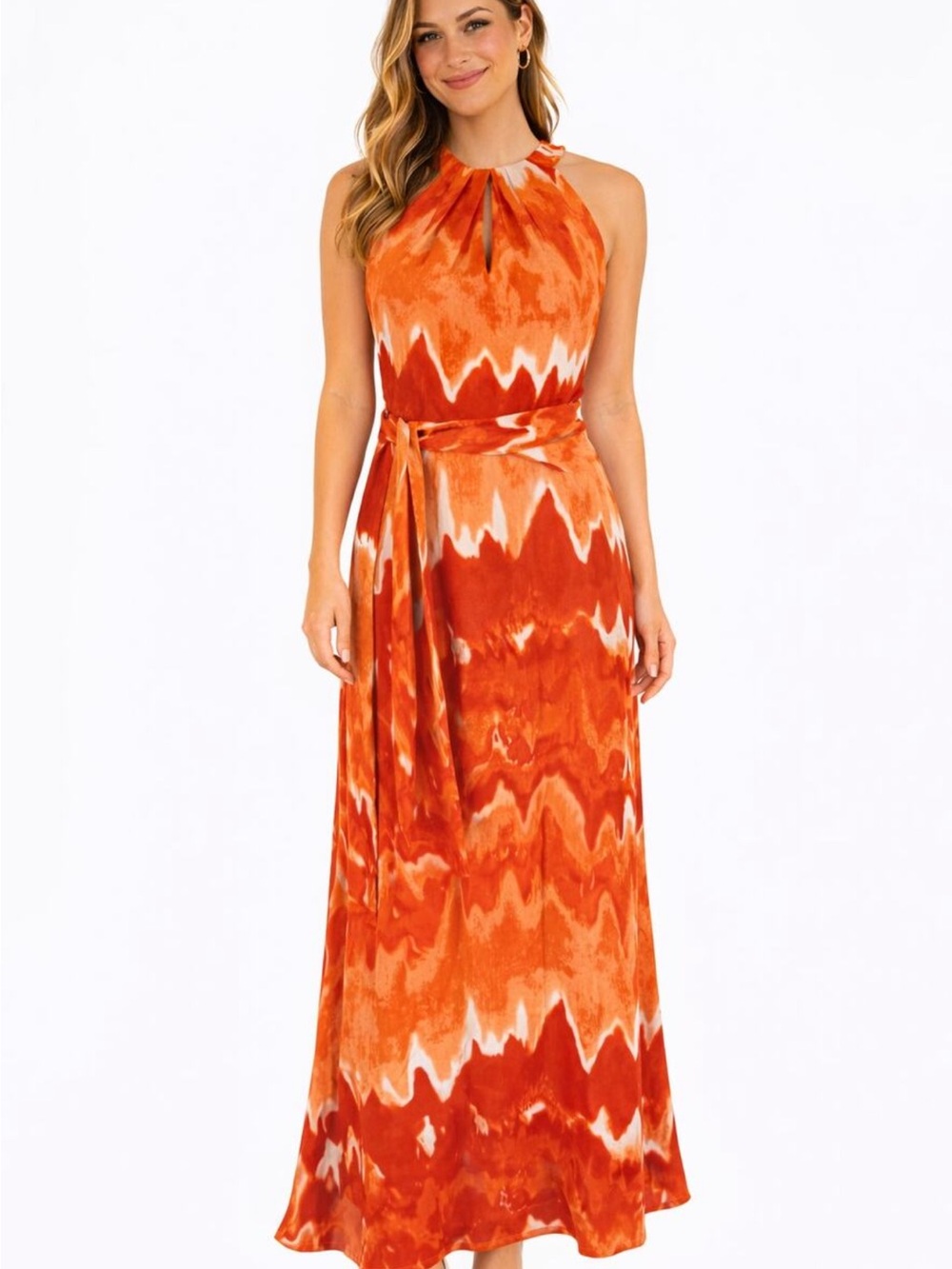 White House Black Market Orange Tie-Waist Halter Maxi Dress 100% Silk Size 10